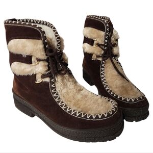 Vintage Italian Apres Ski Boots Brown Suede Faux Fur Size 7 EUC